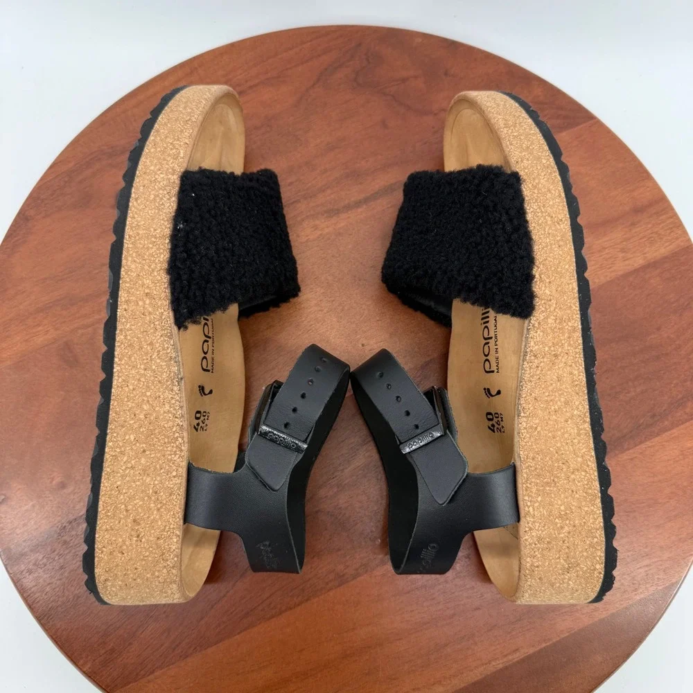 Papillio Glenda Sandals Black Shearling Leather Platform Women EU40/US 9